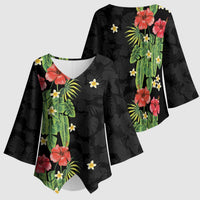 Hawaiian Hibiscus Plumeria Kimono Sleeve Blouse Tropical Leaves