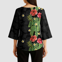 Hawaiian Hibiscus Plumeria Kimono Sleeve Blouse Tropical Leaves
