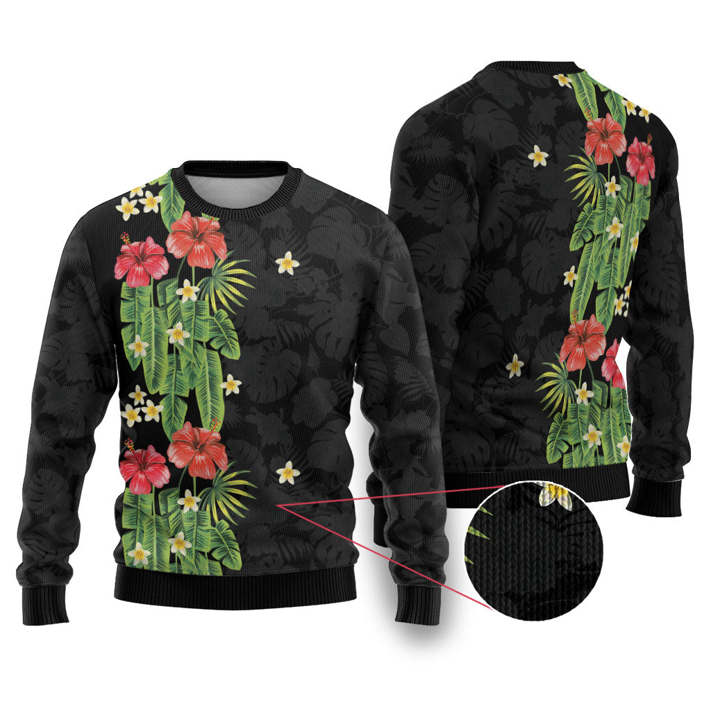 Hawaiian Hibiscus Plumeria Ugly Christmas Sweater Tropical Leaves LT01 Black - Polynesian Pride