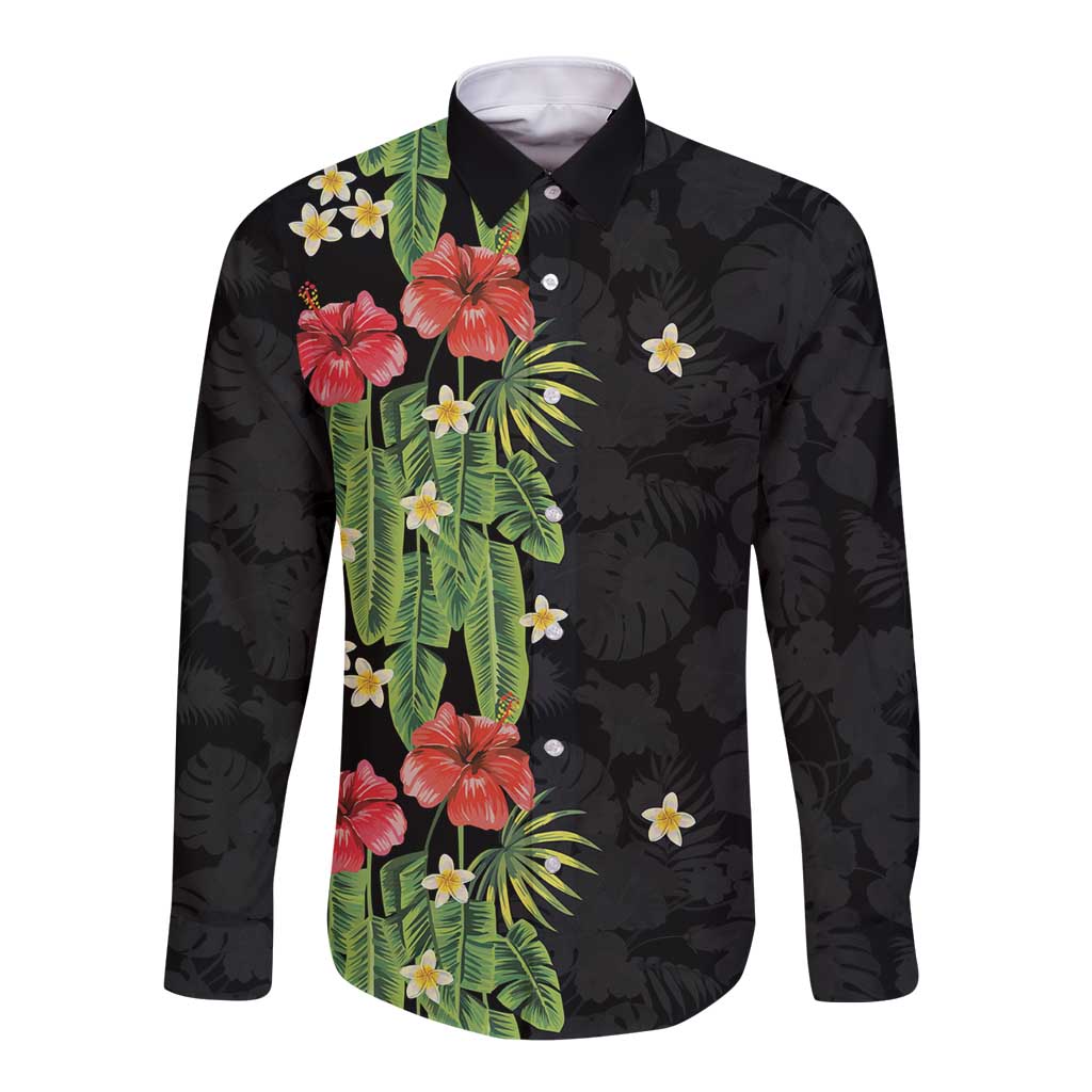 Hawaiian Hibiscus Plumeria Long Sleeve Button Shirt Tropical Leaves
