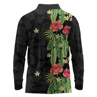 Hawaiian Hibiscus Plumeria Long Sleeve Polo Shirt Tropical Leaves