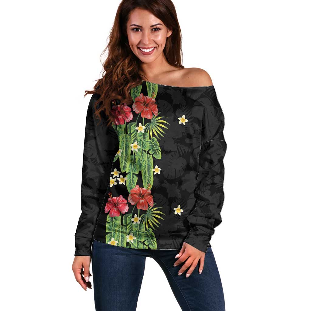 Hawaiian Hibiscus Plumeria Off Shoulder Sweater Tropical Leaves