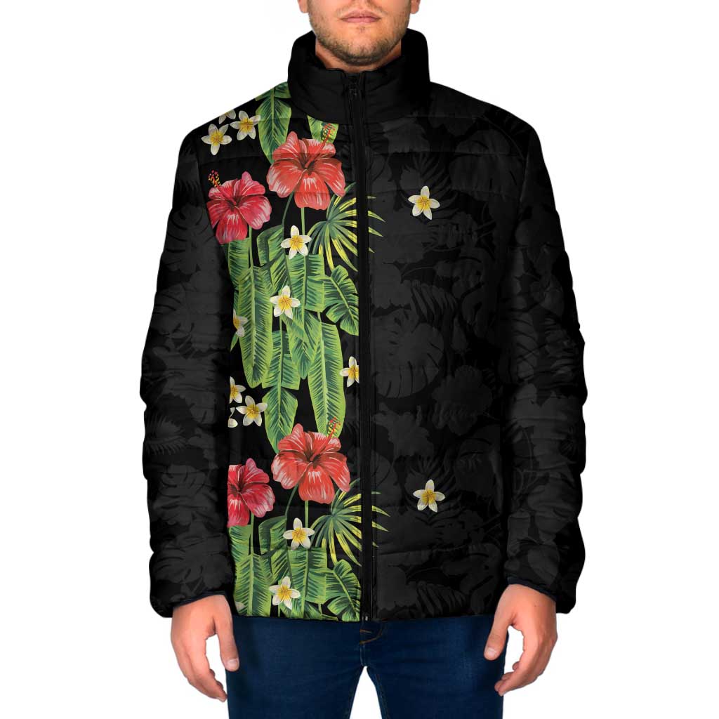 Hawaiian Hibiscus Plumeria Padded Jacket Tropical Leaves