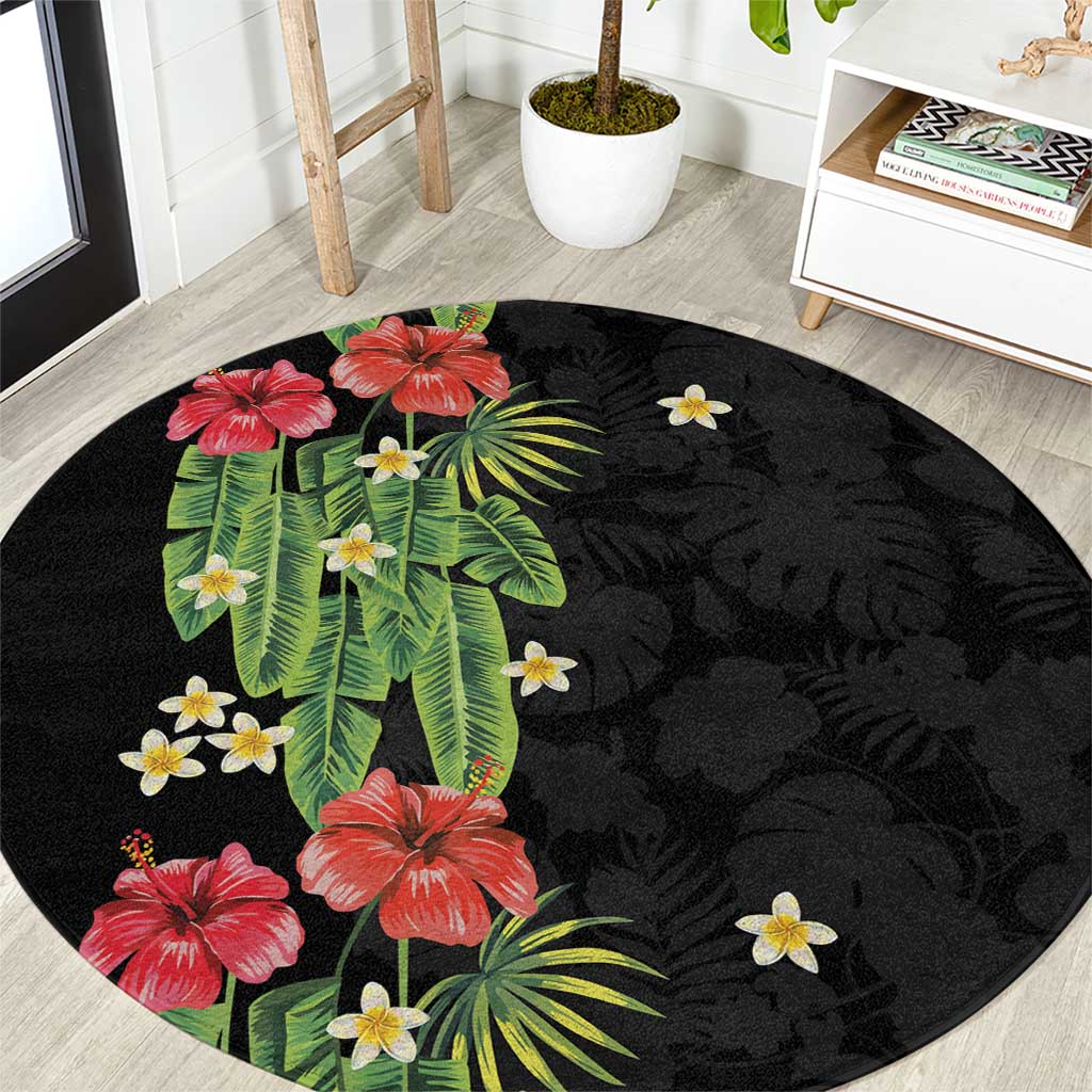 Hawaiian Hibiscus Plumeria Round Carpet Tropical Leaves