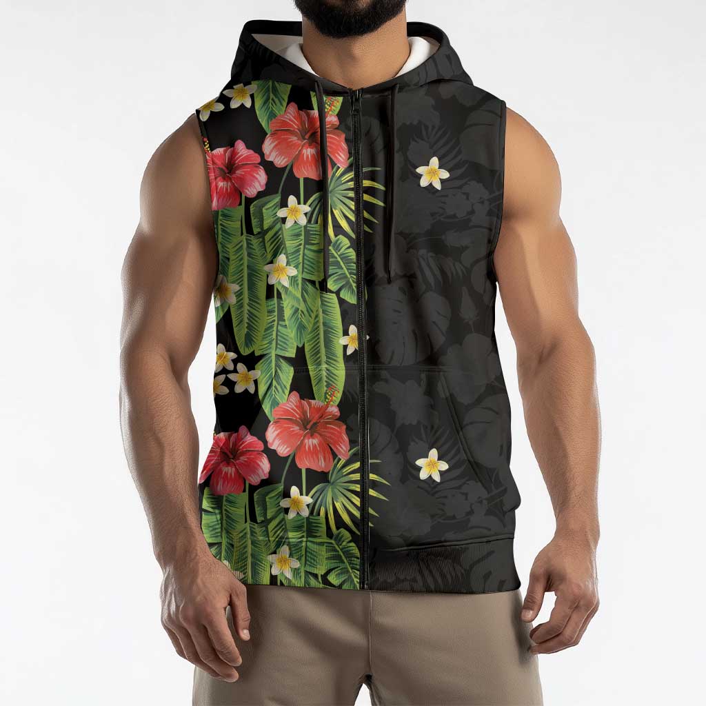 Hawaiian Hibiscus Plumeria Sleeveless Zip Hoodie Tropical Leaves