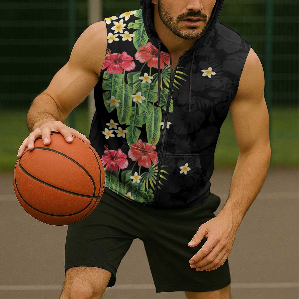 Hawaiian Hibiscus Plumeria Sleeveless Zip Hoodie Tropical Leaves