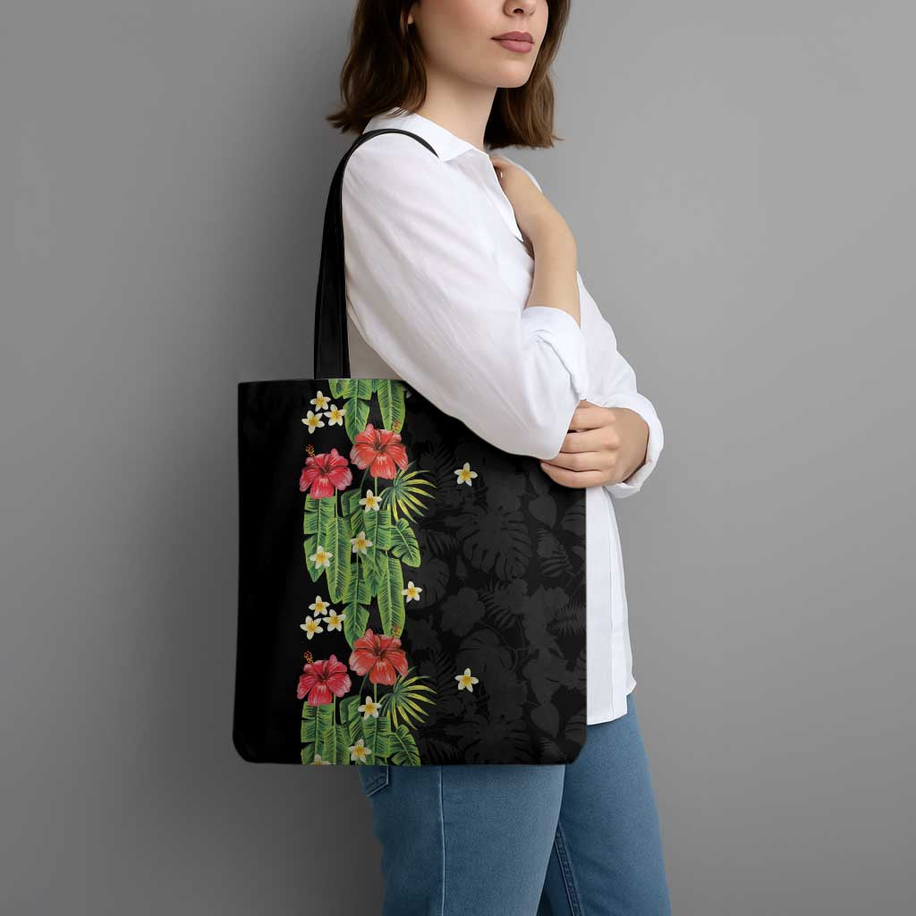 Hawaiian Hibiscus Plumeria Tote Bag Tropical Leaves