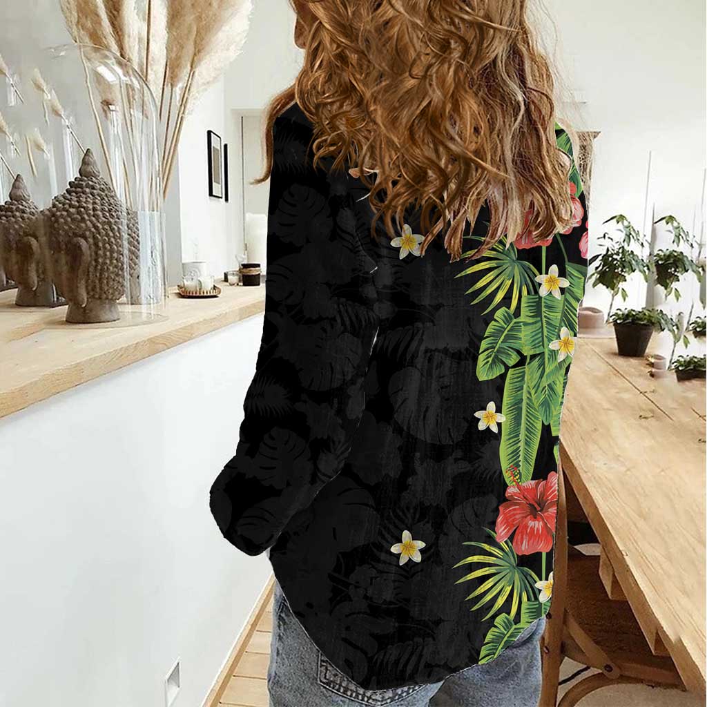 Hawaiian Hibiscus Plumeria Women Casual Shirt Tropical Leaves