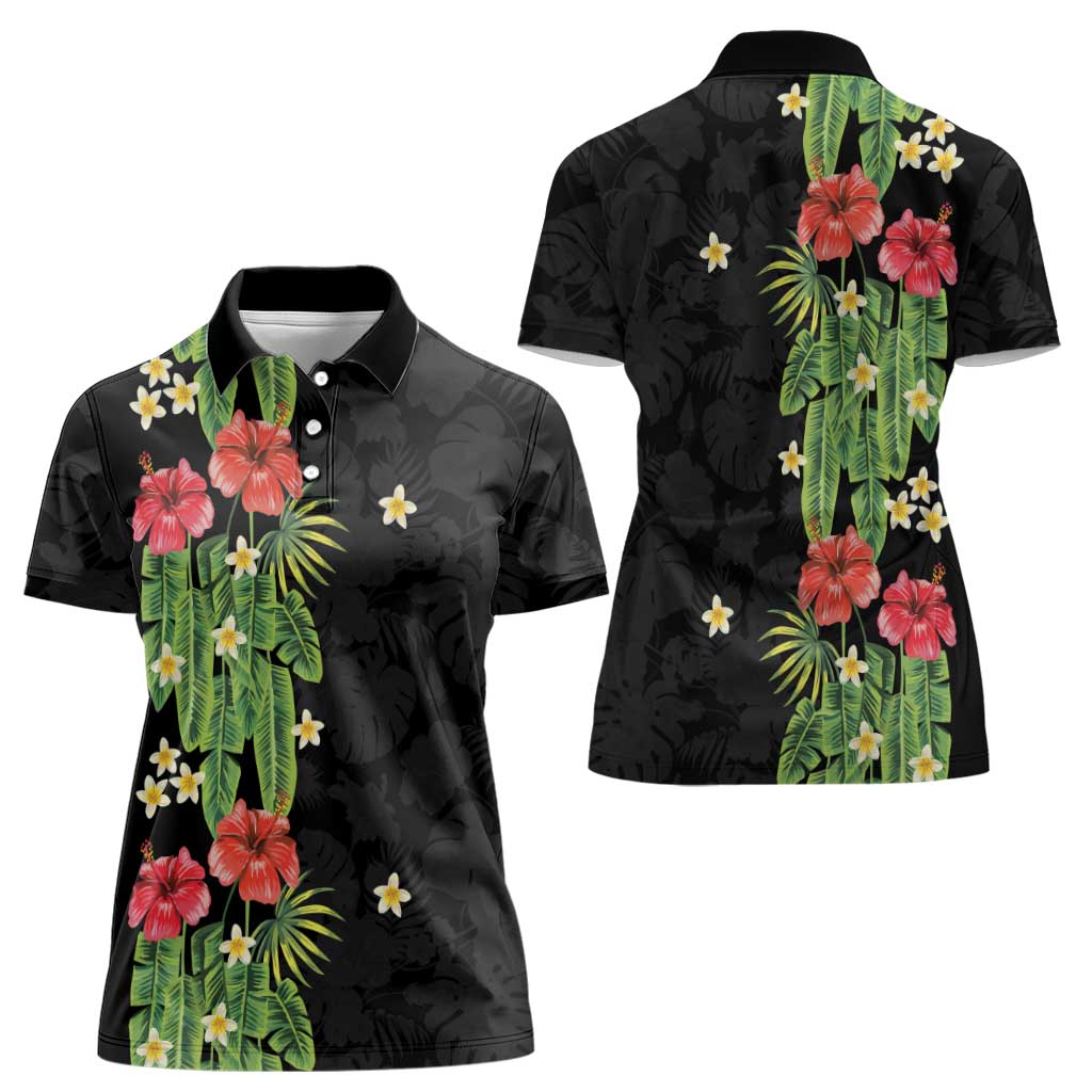 Hawaiian Hibiscus Plumeria Women Polo Shirt Tropical Leaves