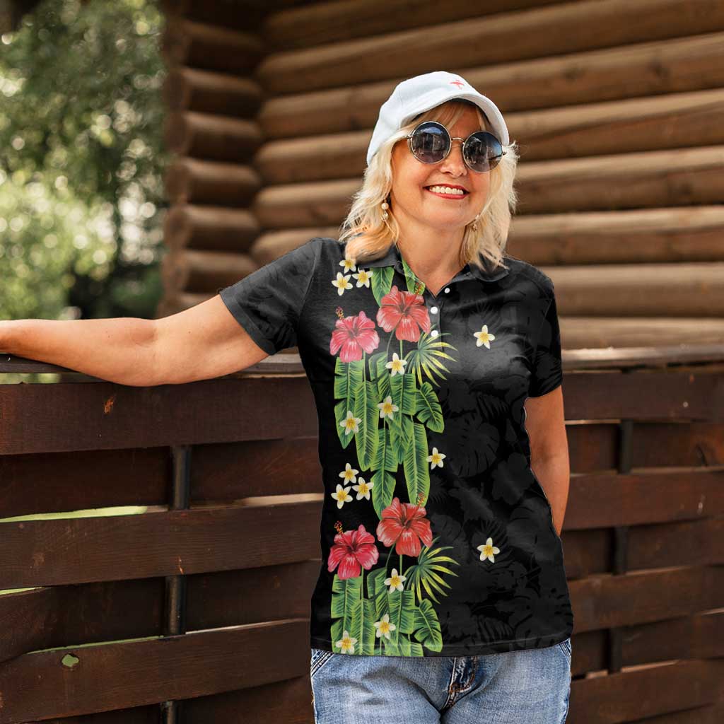 Hawaiian Hibiscus Plumeria Women Polo Shirt Tropical Leaves
