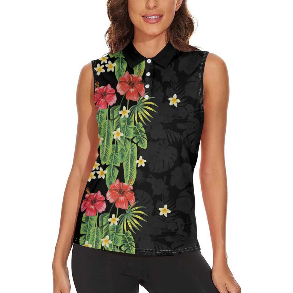 Hawaiian Hibiscus Plumeria Women Sleeveless Polo Shirt Tropical Leaves