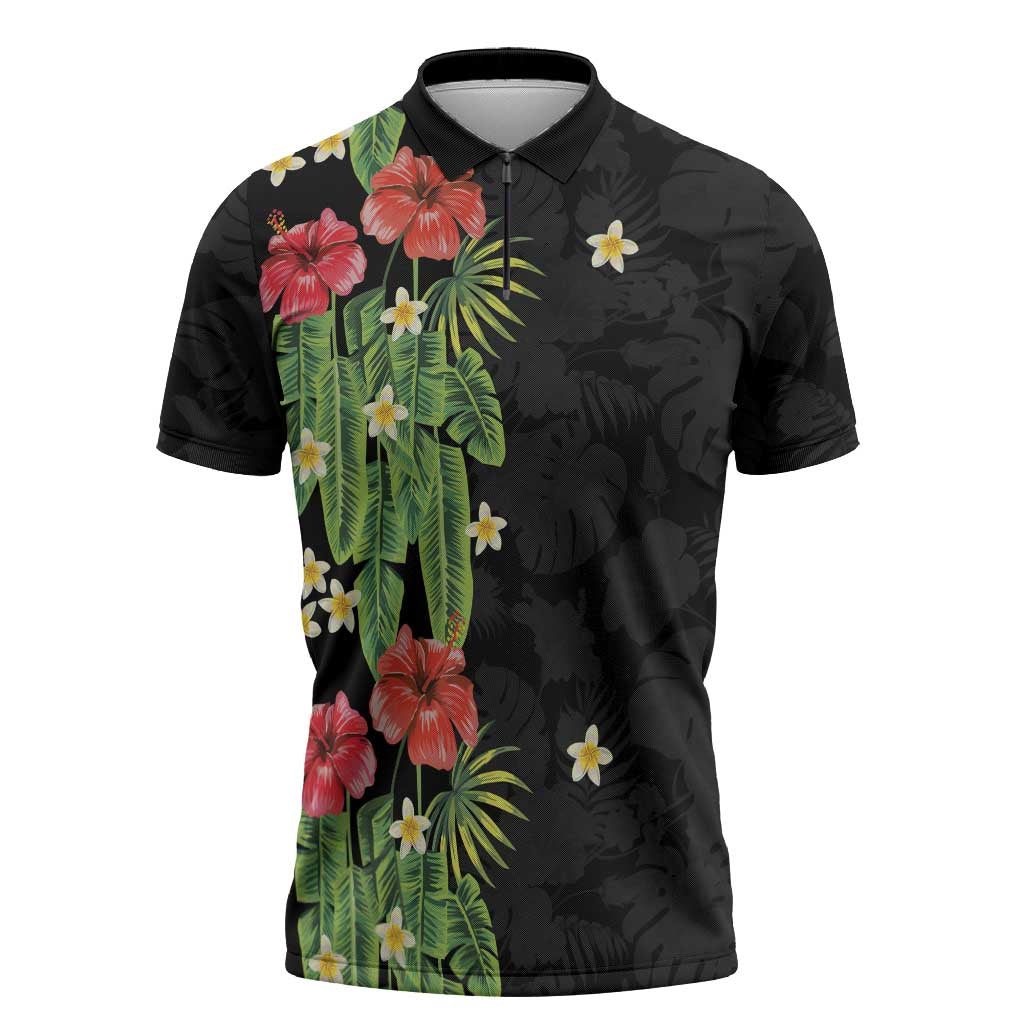 Hawaiian Hibiscus Plumeria Zipper Polo Shirt Tropical Leaves