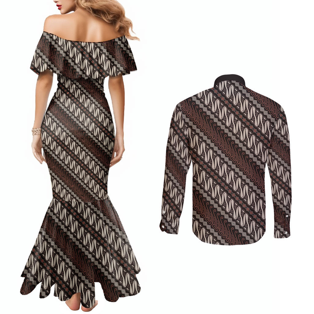 Yogyakarta Parang Batik Motifs Couples Matching Mermaid Dress and Long Sleeve Button Shirt Indonesian Traditional Pattern