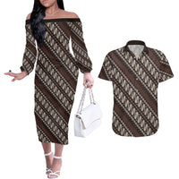 Yogyakarta Parang Batik Motifs Couples Matching Off The Shoulder Long Sleeve Dress and Hawaiian Shirt Indonesian Traditional Pattern