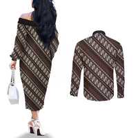 Yogyakarta Parang Batik Motifs Couples Matching Off The Shoulder Long Sleeve Dress and Long Sleeve Button Shirt Indonesian Traditional Pattern