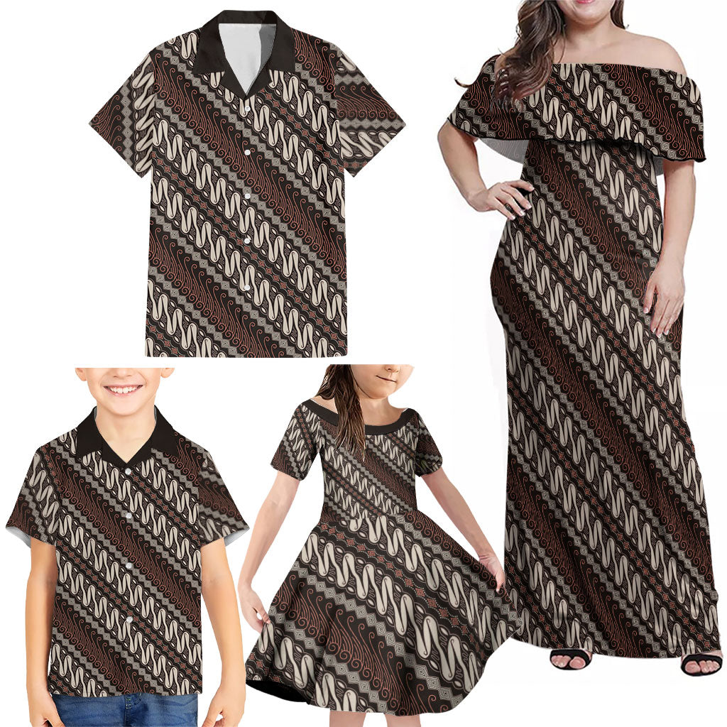 Yogyakarta Parang Batik Motifs Family Matching Off Shoulder Maxi Dress and Hawaiian Shirt Indonesian Traditional Pattern LT01 - Polynesian Pride