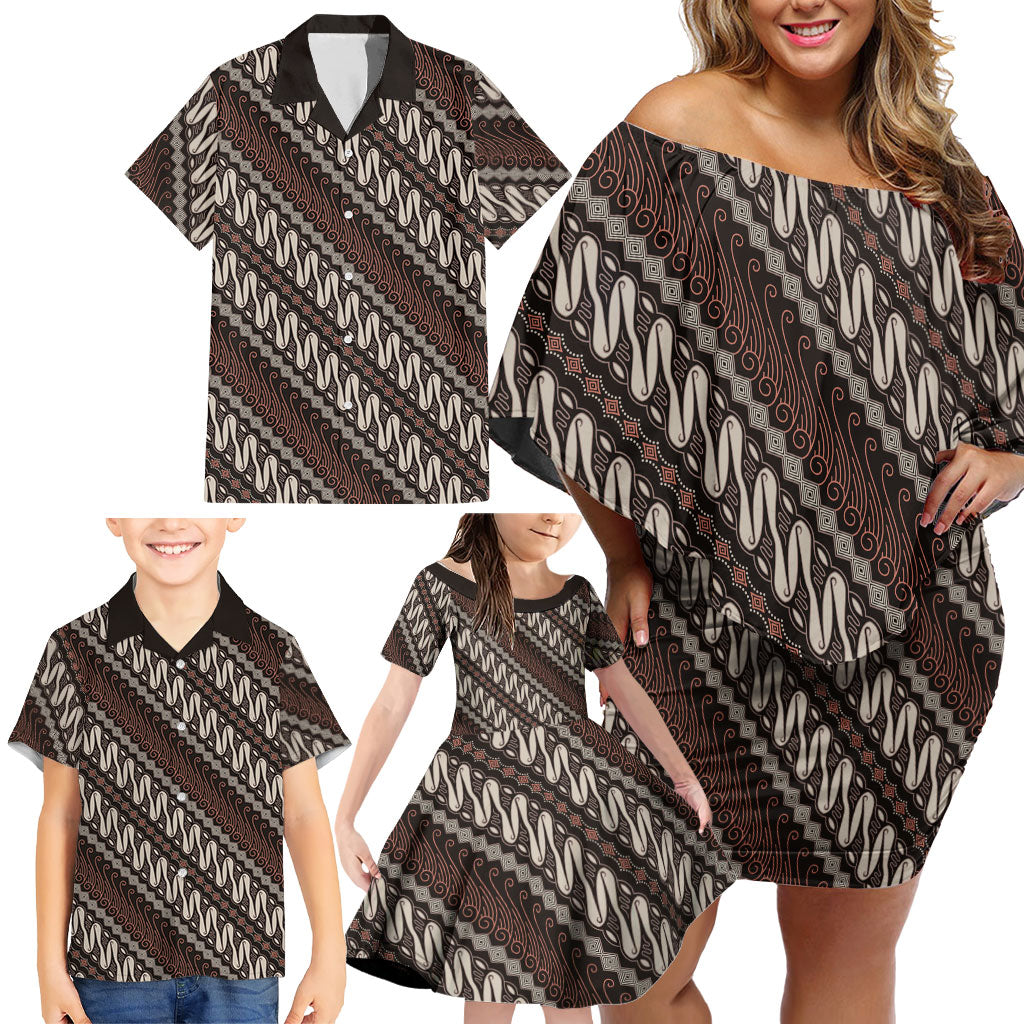 Yogyakarta Parang Batik Motifs Family Matching Off Shoulder Short Dress and Hawaiian Shirt Indonesian Traditional Pattern LT01 - Polynesian Pride
