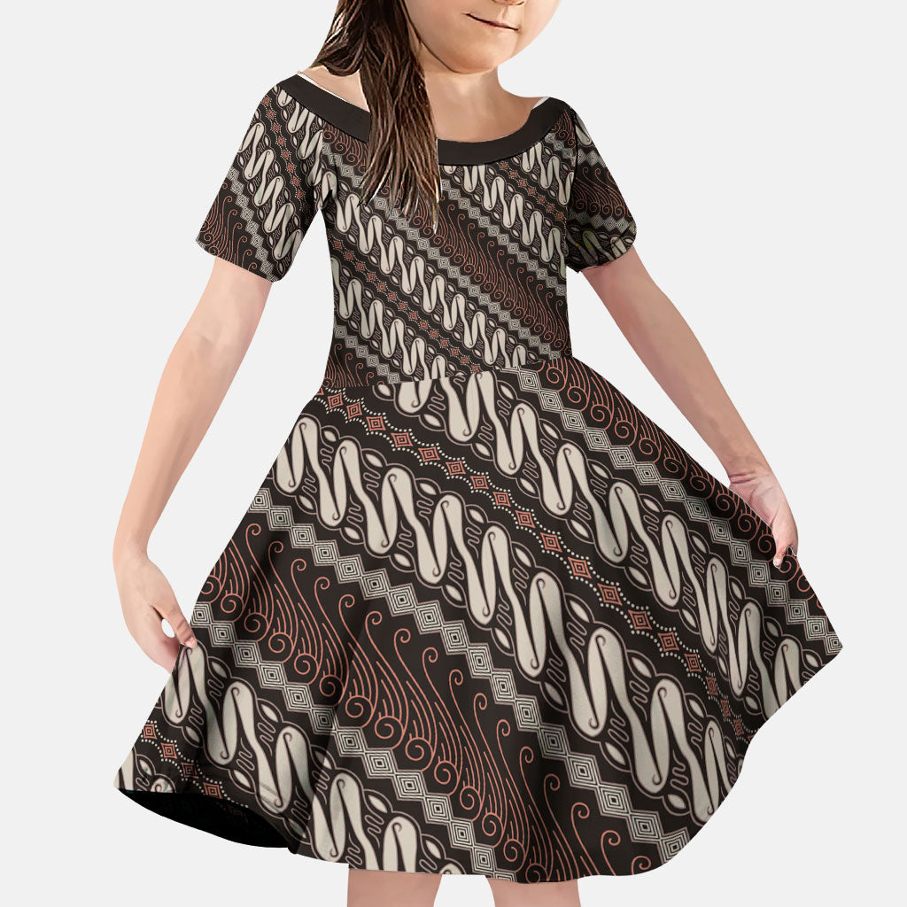 Yogyakarta Parang Batik Motifs Family Matching Summer Maxi Dress and Hawaiian Shirt Indonesian Traditional Pattern LT01 Daughter's Dress Brown - Polynesian Pride