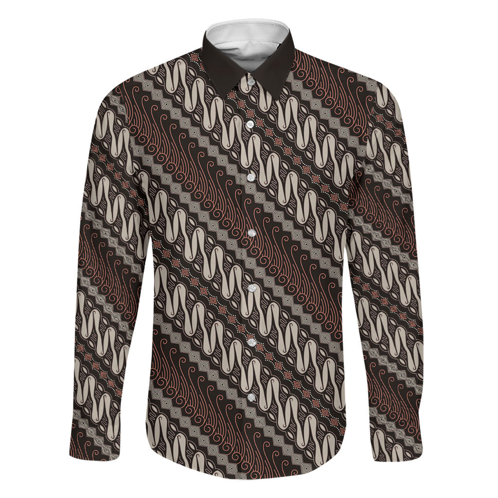Yogyakarta Parang Batik Motifs Family Matching Tank Maxi Dress and Hawaiian Shirt Indonesian Traditional Pattern LT01 Dad's Shirt - Long Sleeve Brown - Polynesian Pride
