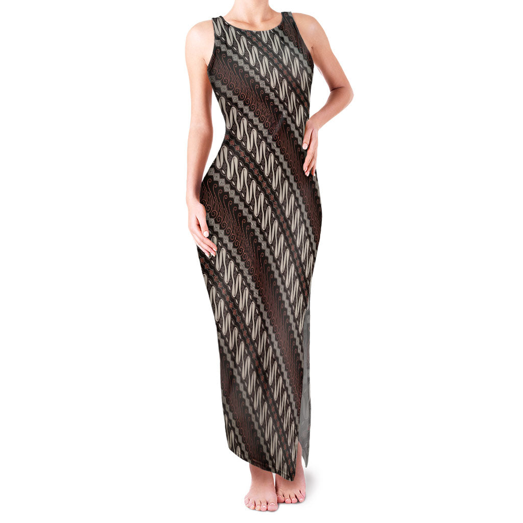 Yogyakarta Parang Batik Motifs Family Matching Tank Maxi Dress and Hawaiian Shirt Indonesian Traditional Pattern LT01 Mom's Dress Brown - Polynesian Pride