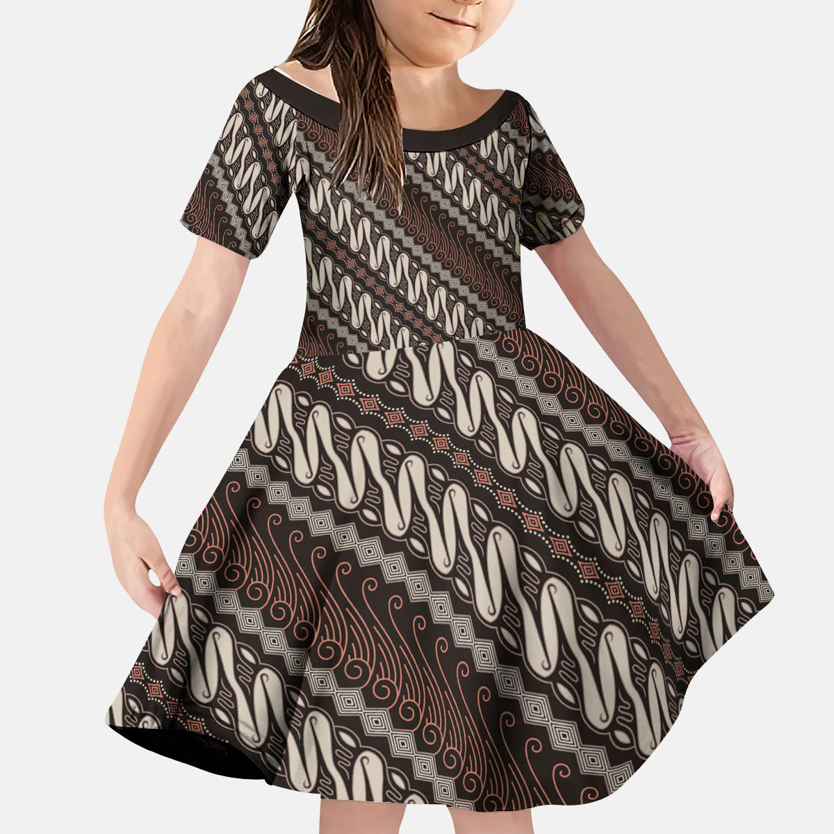 Yogyakarta Parang Batik Motifs Kid Short Sleeve Dress Indonesian Traditional Pattern LT01 KID Brown - Polynesian Pride
