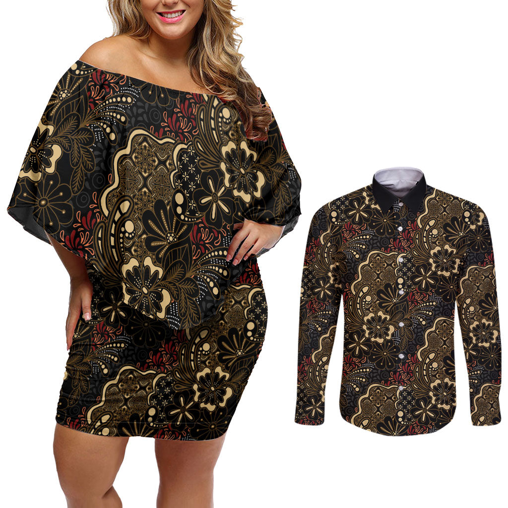 Batik Sekar Jagad Couples Matching Off Shoulder Short Dress and Long Sleeve Button Shirt Indonesian Traditional Pattern LT01 Black - Polynesian Pride