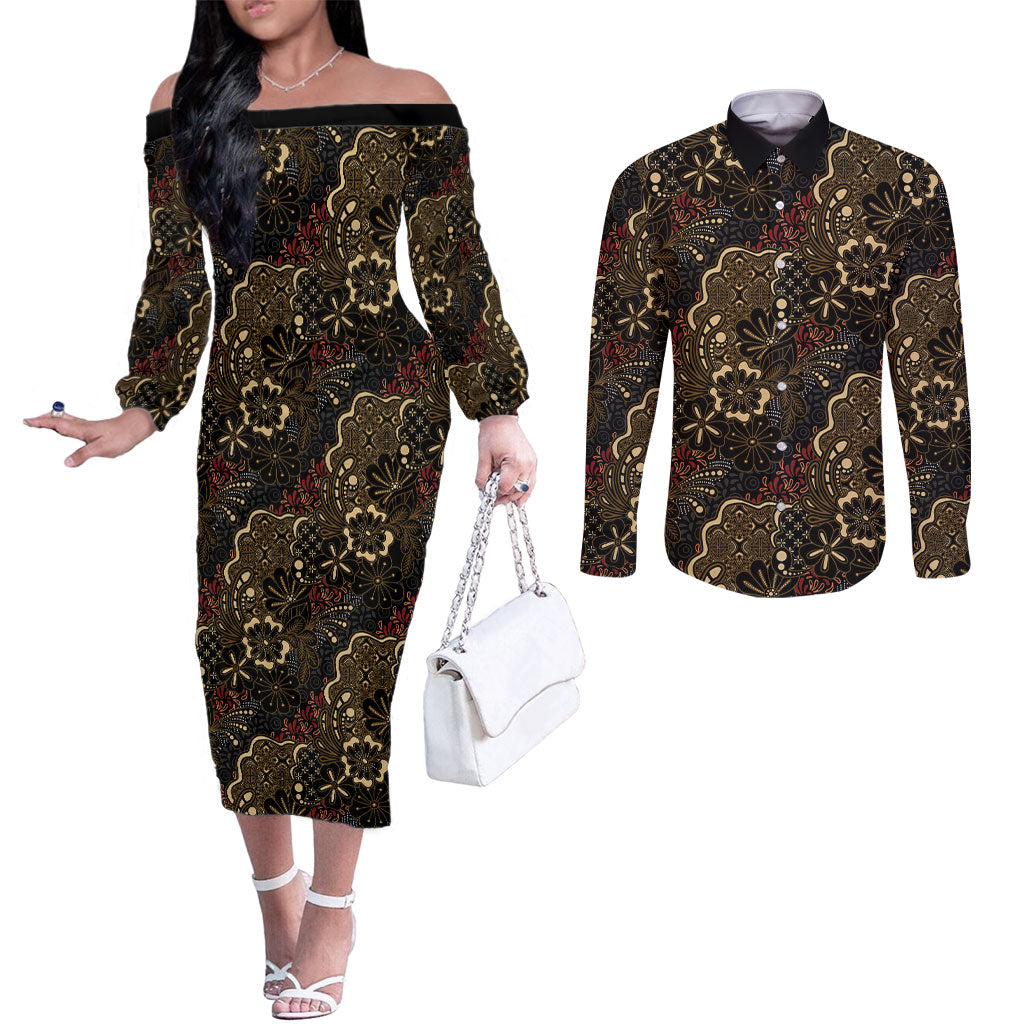 Batik Sekar Jagad Couples Matching Off The Shoulder Long Sleeve Dress and Long Sleeve Button Shirt Indonesian Traditional Pattern