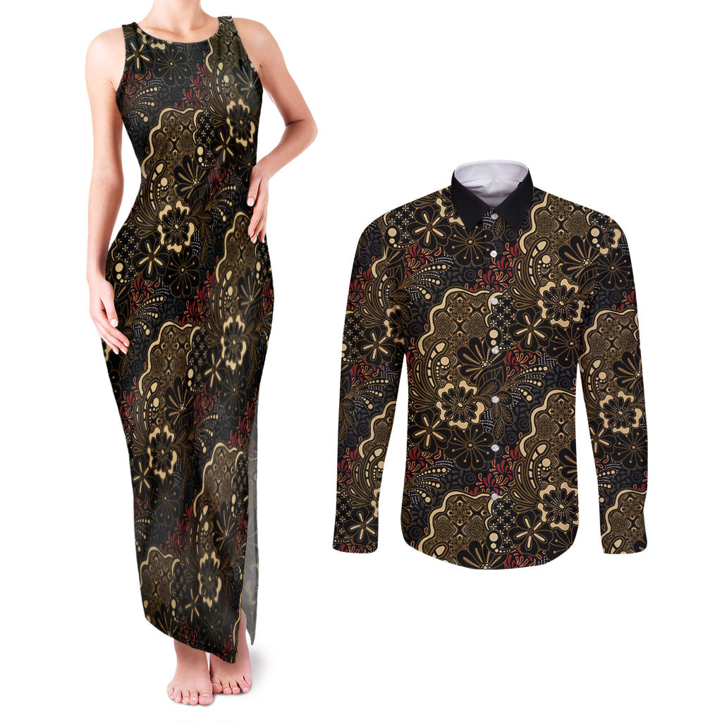 Batik Sekar Jagad Couples Matching Tank Maxi Dress and Long Sleeve Button Shirt Indonesian Traditional Pattern LT01 Black - Polynesian Pride