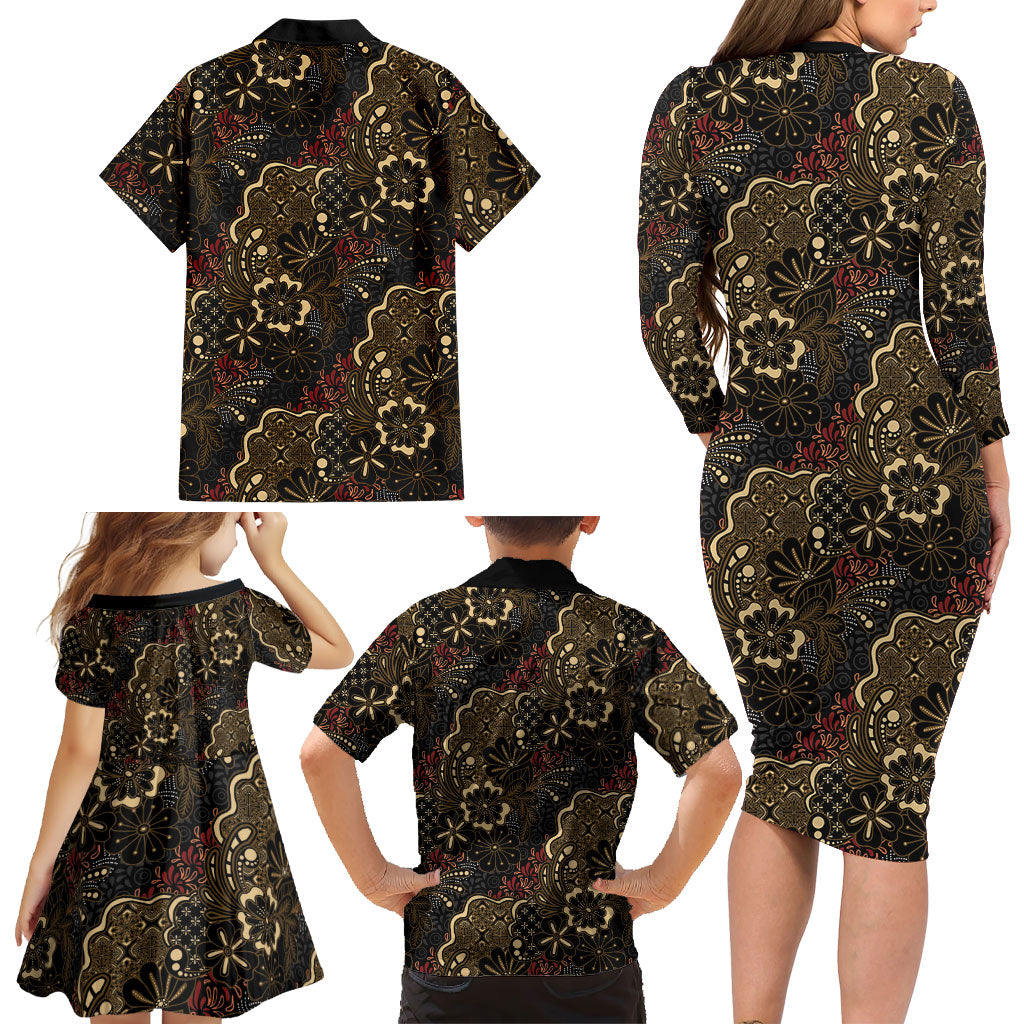 Batik Sekar Jagad Family Matching Long Sleeve Bodycon Dress and Hawaiian Shirt Indonesian Traditional Pattern