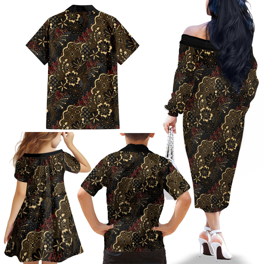 Batik Sekar Jagad Family Matching Off The Shoulder Long Sleeve Dress and Hawaiian Shirt Indonesian Traditional Pattern
