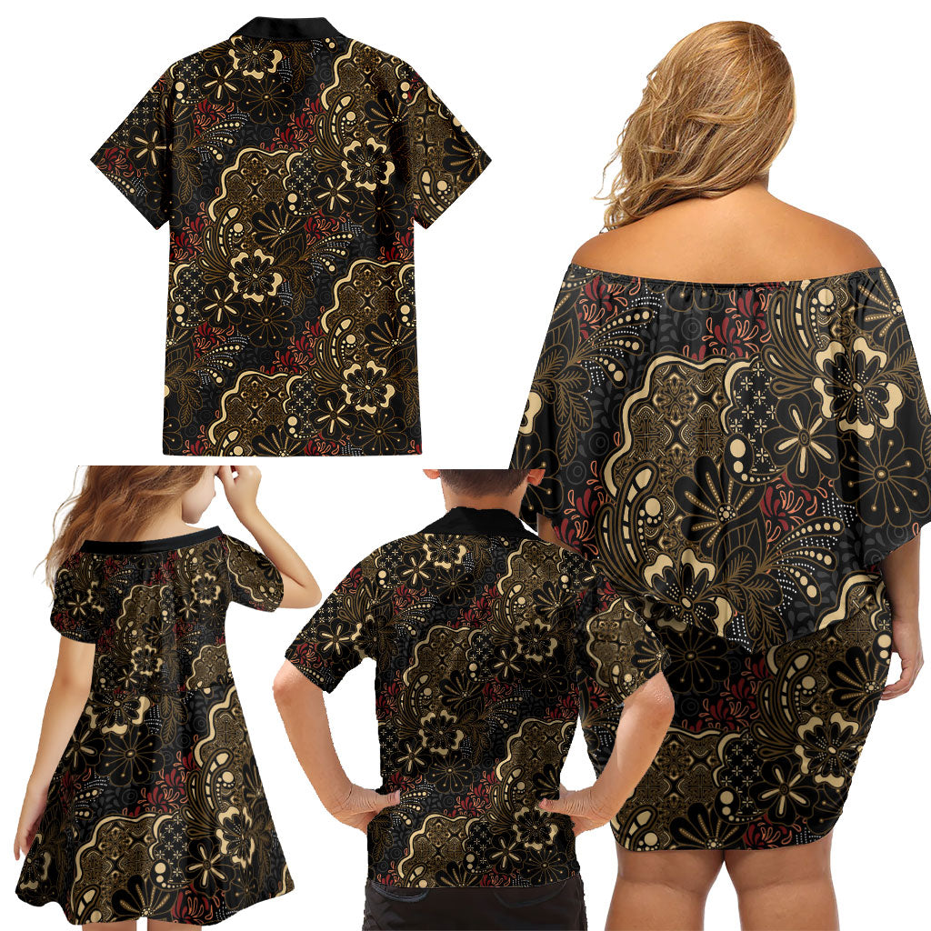 Batik Sekar Jagad Family Matching Off Shoulder Short Dress and Hawaiian Shirt Indonesian Traditional Pattern