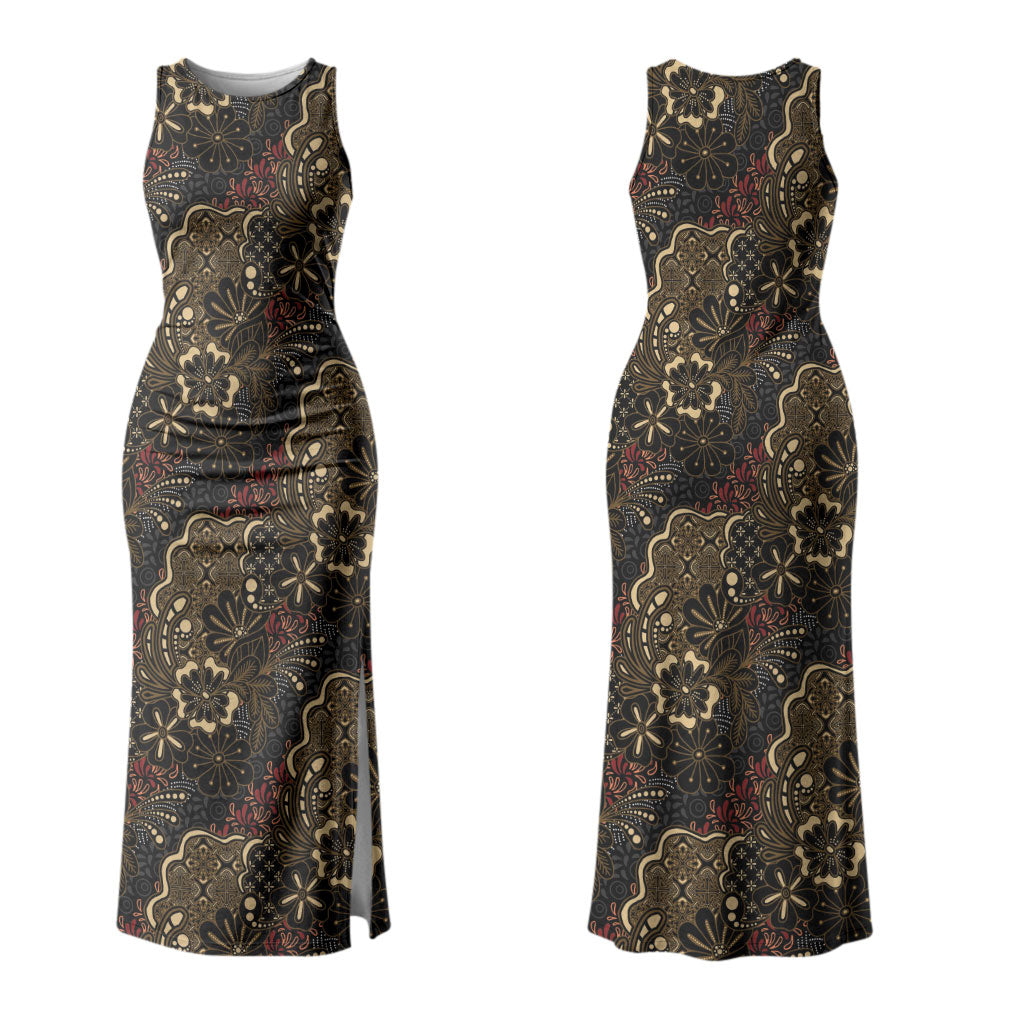 Batik Sekar Jagad Family Matching Tank Maxi Dress and Hawaiian Shirt Indonesian Traditional Pattern LT01 Mom's Dress Black - Polynesian Pride