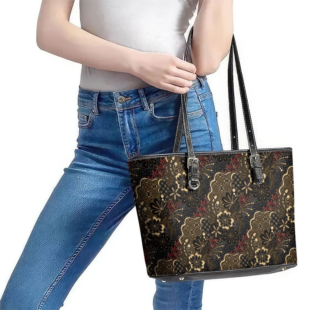 Batik Sekar Jagad Leather Tote Bag Indonesian Traditional Pattern