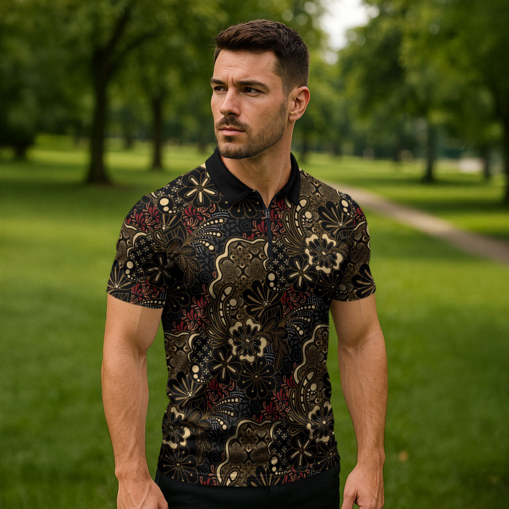 Batik Sekar Jagad Zipper Polo Shirt Indonesian Traditional Pattern