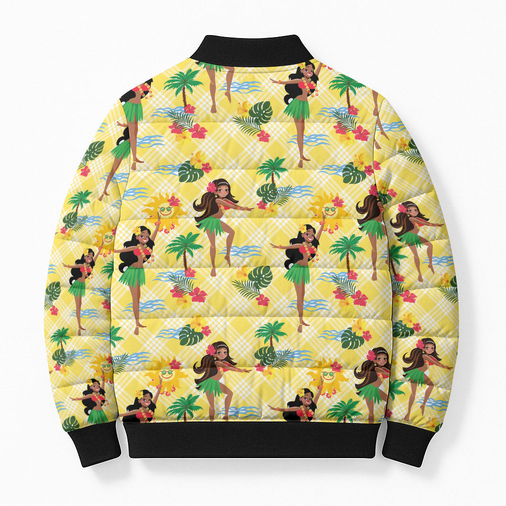 Hawaii Hula Girl Tropical Bomber Puffer Jacket Yellow Palaka