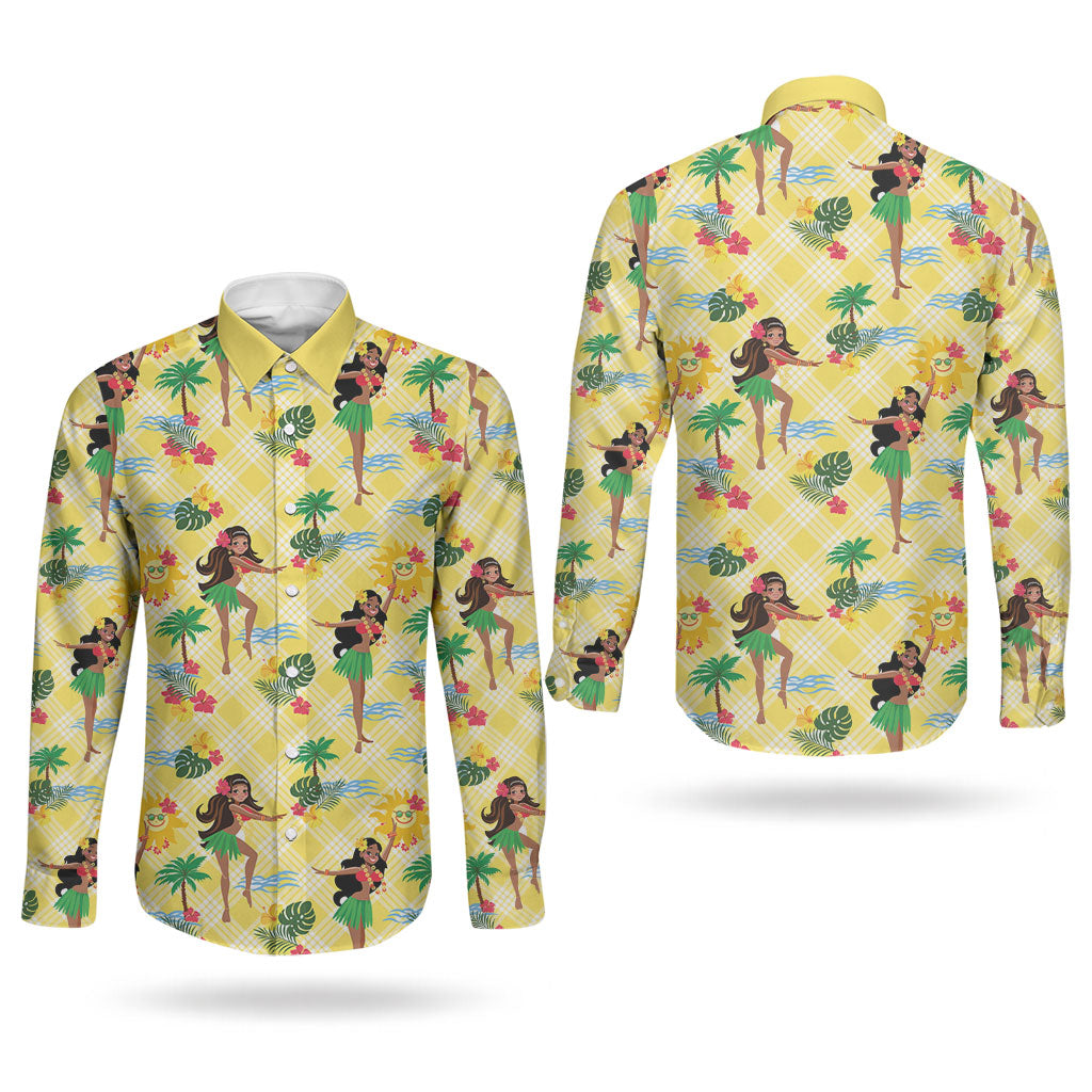 Hawaii Hula Girl Tropical Couples Matching Long Sleeve Bodycon Dress and Long Sleeve Button Shirt Yellow Palaka