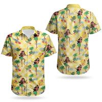 Hawaii Hula Girl Tropical Couples Matching Mermaid Dress and Hawaiian Shirt Yellow Palaka