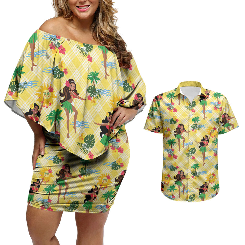 Hawaii Hula Girl Tropical Couples Matching Off Shoulder Short Dress and Hawaiian Shirt Yellow Palaka LT01 Yellow - Polynesian Pride