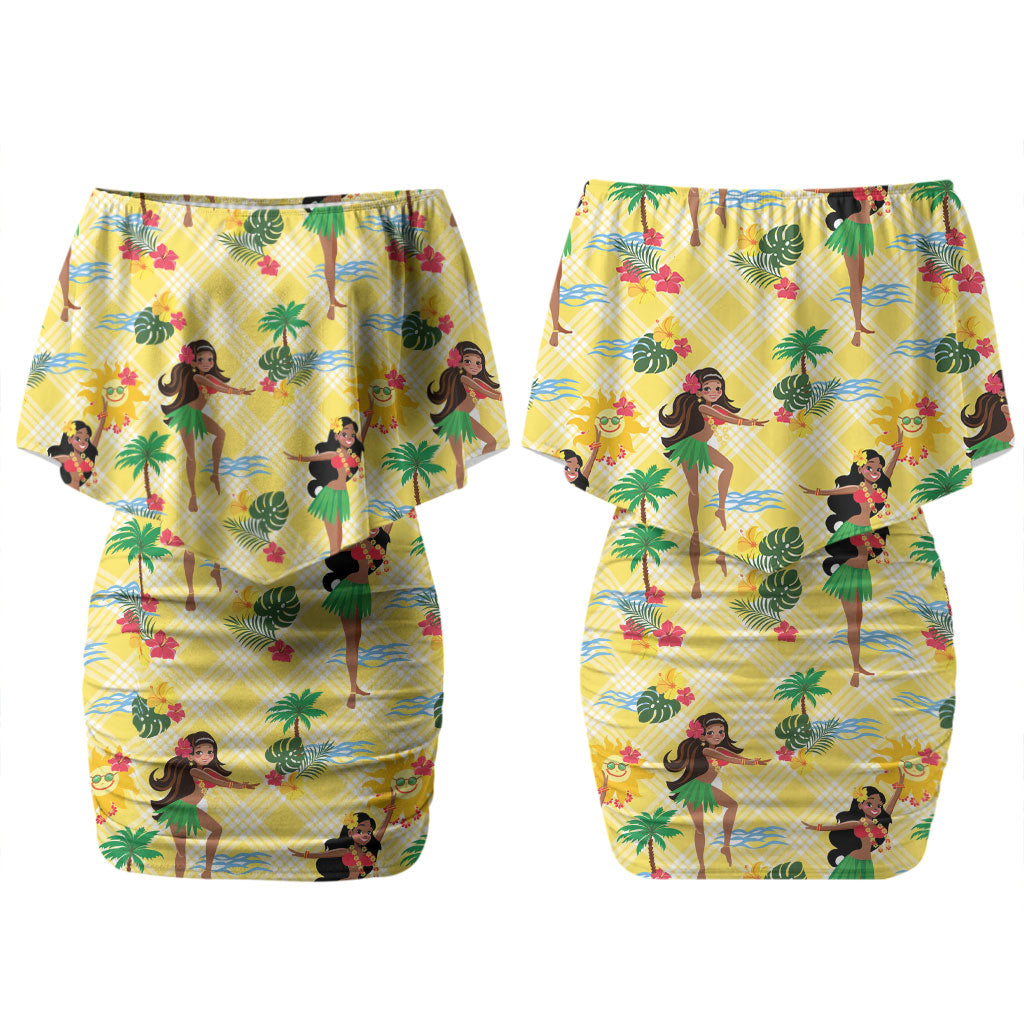 Hawaii Hula Girl Tropical Couples Matching Off Shoulder Short Dress and Hawaiian Shirt Yellow Palaka