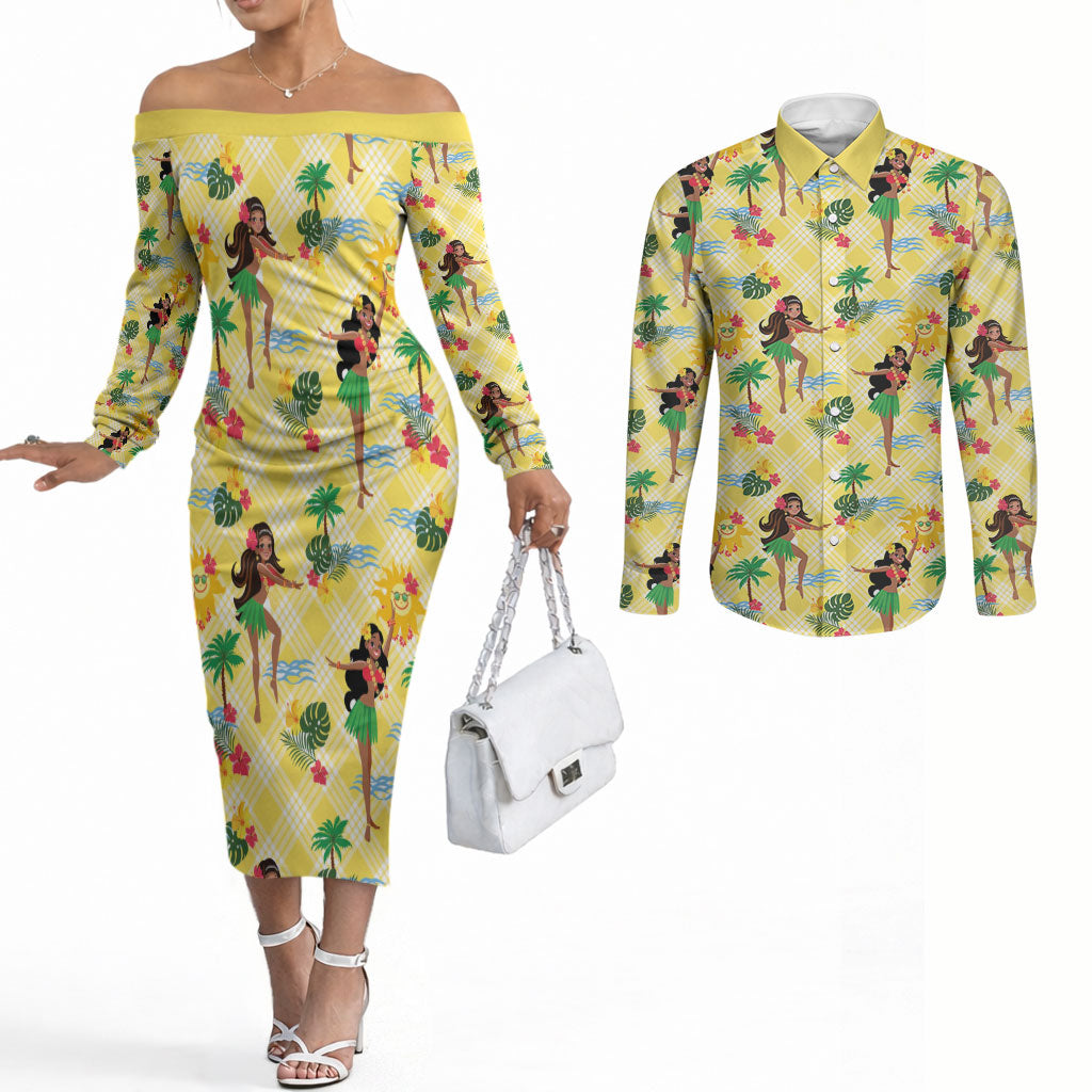 Hawaii Hula Girl Tropical Couples Matching Off The Shoulder Long Sleeve Dress and Long Sleeve Button Shirt Yellow Palaka