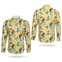 Hawaii Hula Girl Tropical Couples Matching Puletasi and Long Sleeve Button Shirt Yellow Palaka