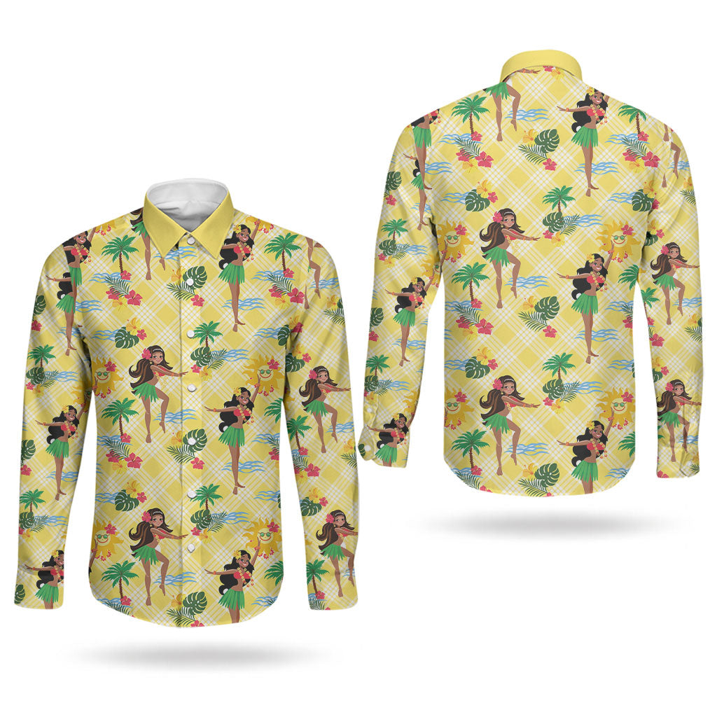 Hawaii Hula Girl Tropical Couples Matching Short Sleeve Bodycon Dress and Long Sleeve Button Shirt Yellow Palaka