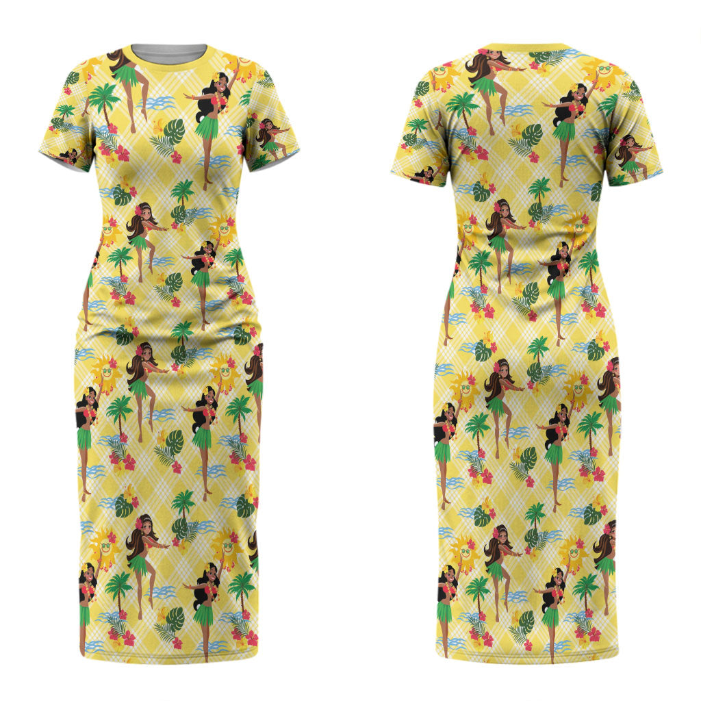 Hawaii Hula Girl Tropical Couples Matching Short Sleeve Bodycon Dress and Long Sleeve Button Shirt Yellow Palaka