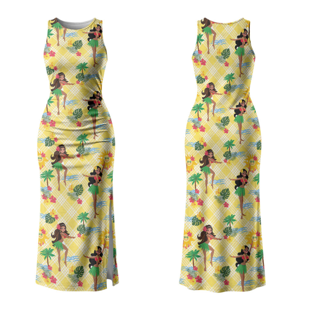 Hawaii Hula Girl Tropical Couples Matching Tank Maxi Dress and Hawaiian Shirt Yellow Palaka