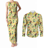 Hawaii Hula Girl Tropical Couples Matching Tank Maxi Dress and Long Sleeve Button Shirt Yellow Palaka