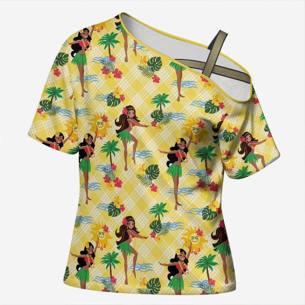 Hawaii Hula Girl Tropical Cross Shoulder Shirt Yellow Palaka