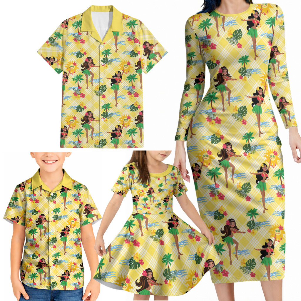 Hawaii Hula Girl Tropical Family Matching Long Sleeve Bodycon Dress and Hawaiian Shirt Yellow Palaka