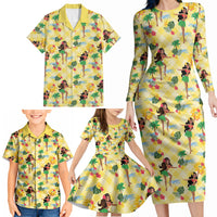 Hawaii Hula Girl Tropical Family Matching Long Sleeve Bodycon Dress and Hawaiian Shirt Yellow Palaka