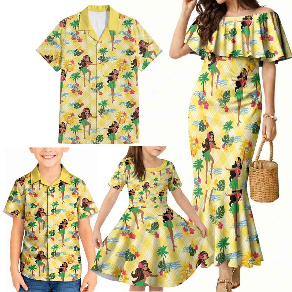Hawaii Hula Girl Tropical Family Matching Mermaid Dress and Hawaiian Shirt Yellow Palaka