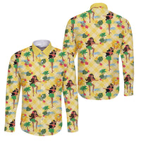 Hawaii Hula Girl Tropical Family Matching Off The Shoulder Long Sleeve Dress and Hawaiian Shirt Yellow Palaka